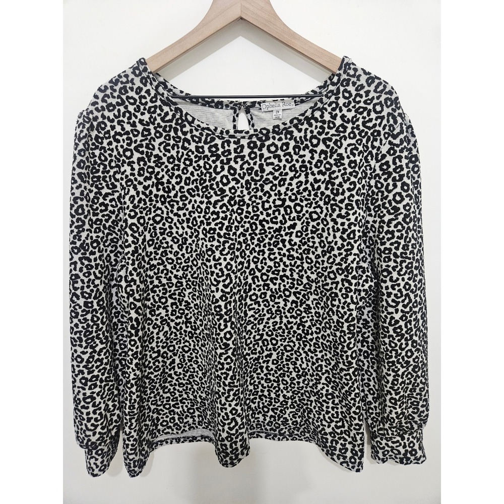 Ophelia Roe Womens 2X Leopard Print Long Sleeve Keyhole Back Blouse Black White